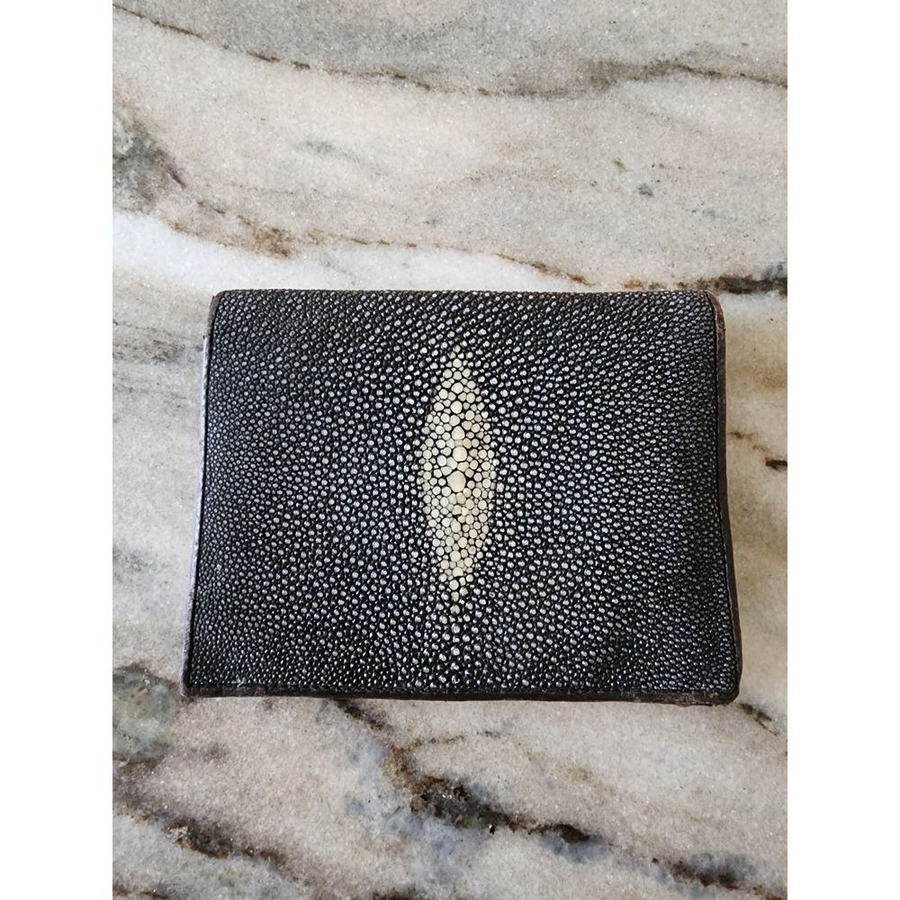 Mizuho Mens Black Genuine Stingray Skin Trifold Wallet White Pearl Eye Exotic